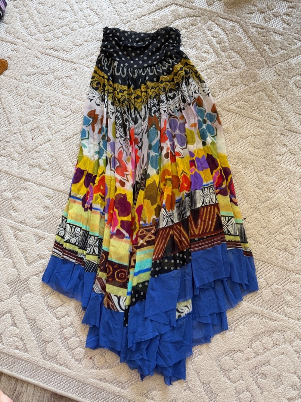 Fuzzi by JPG Bohemian Multi-Color Tiered Maxi Skirt with Blue Hem